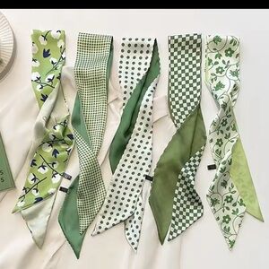 Set of 5 Green Patterned Silk Twilly Scarves New